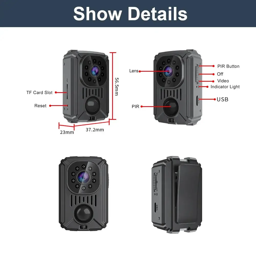 1080P Full HD Mini Body Camera with Back Clip, Voice Recording & Infrared Night Vision for Outdoors, Home Security or Office