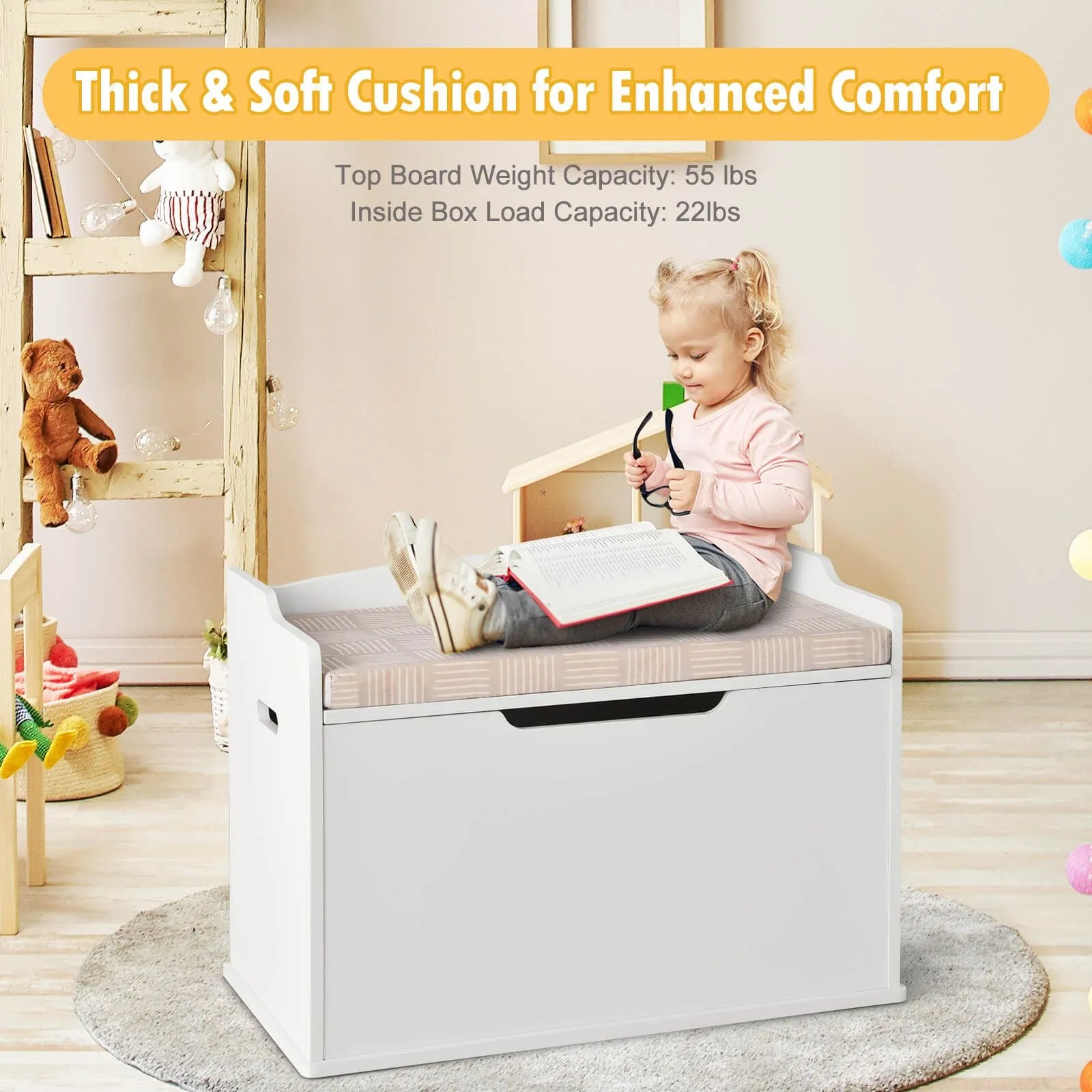 2-in-1 Kids Toy Box and Bench with Cushion | Childrens Wooden Toy Storage Box | 3 Colour Options