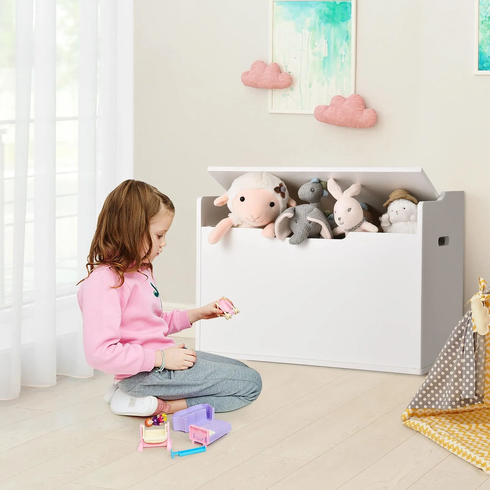 2-in-1 Kids Toy Box and Bench with Cushion | Childrens Wooden Toy Storage Box | 3 Colour Options