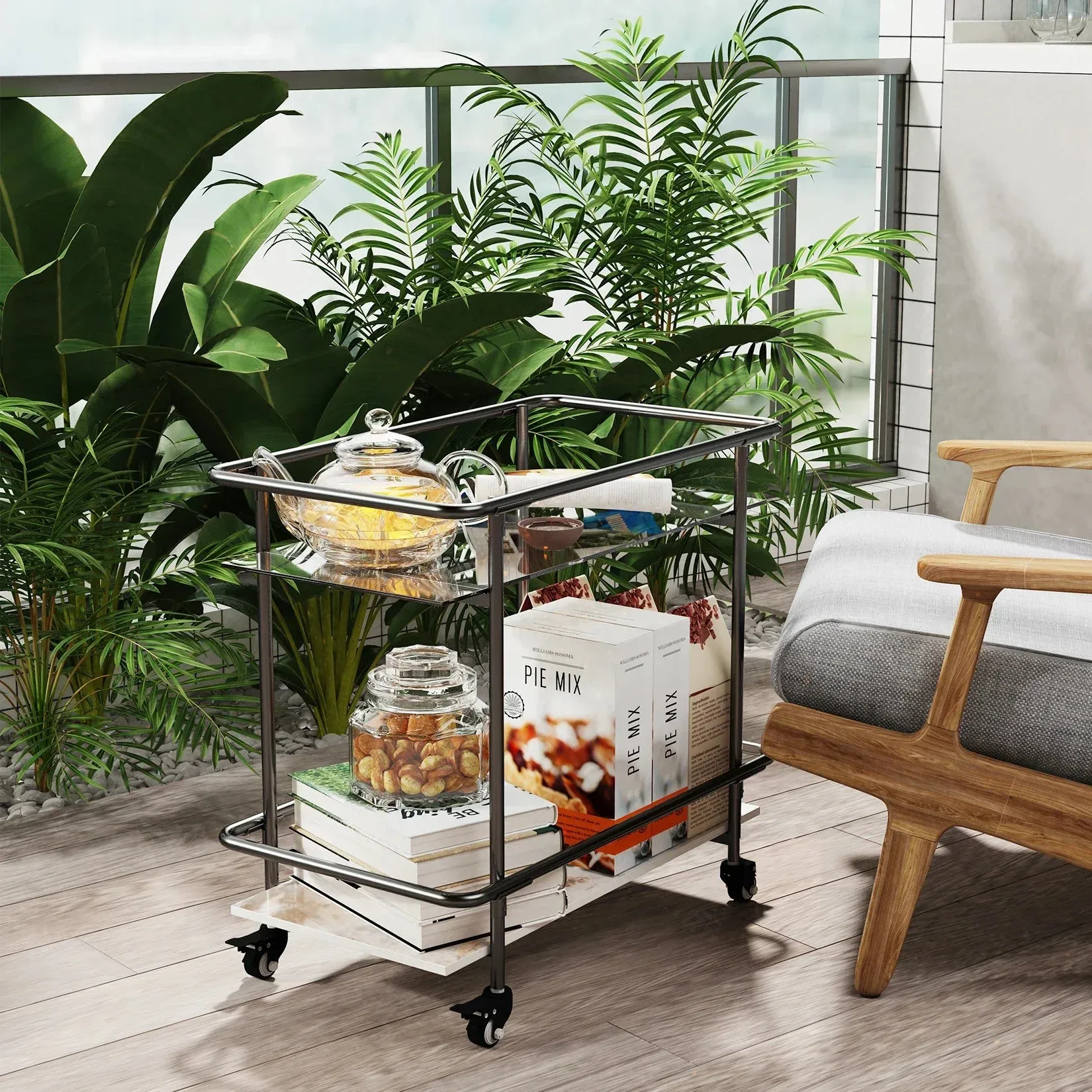 2-Tier Rolling Bar Cart & Lockable Wheels