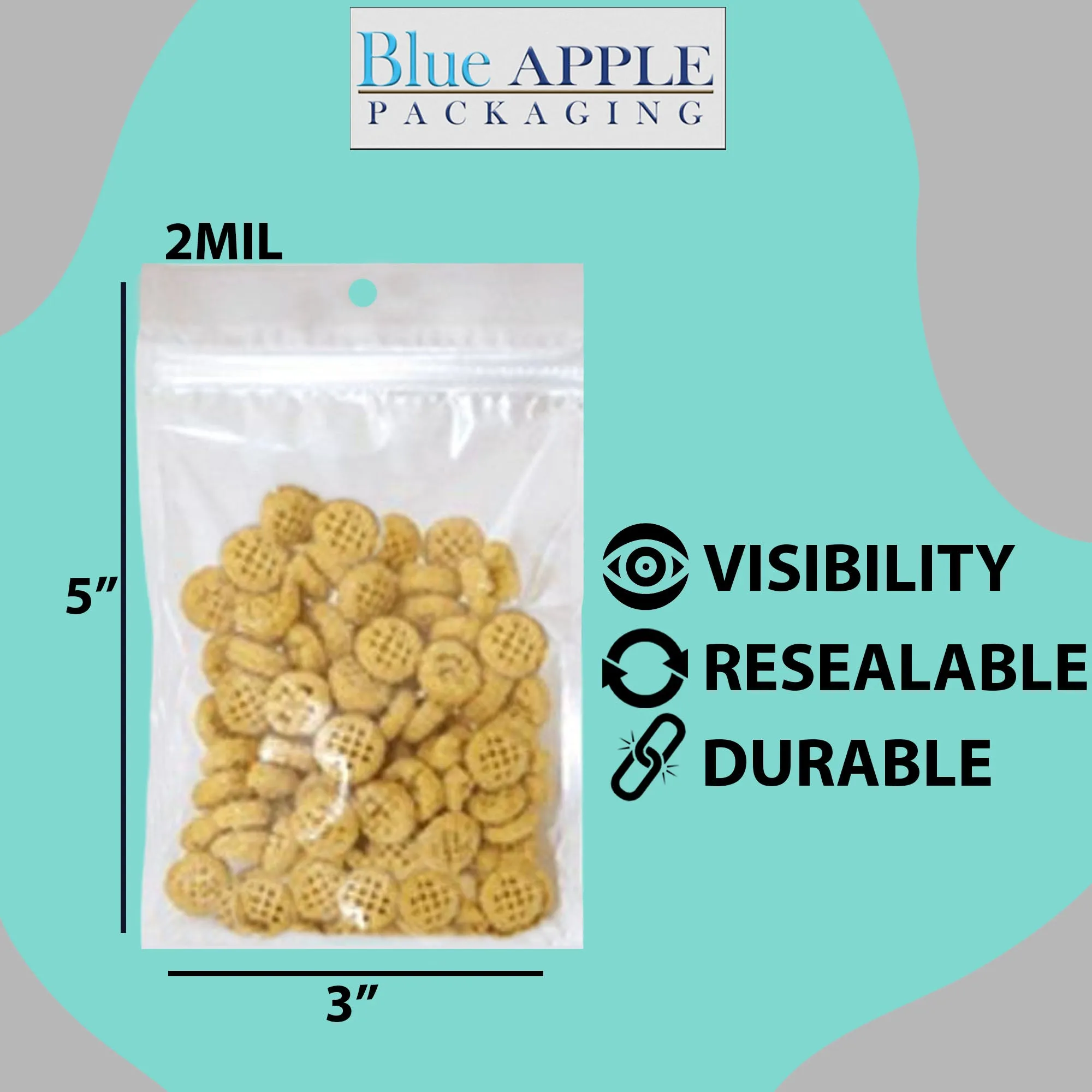 3X5 inches Polypropylene ZipLock Bags W/ Hang Hole 2 Mil Clear