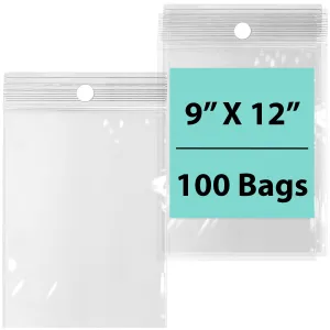 9X12 inches Reclosable Poly Bags with Hang Hole 2 Mil (LDPE) Single Track Zipper