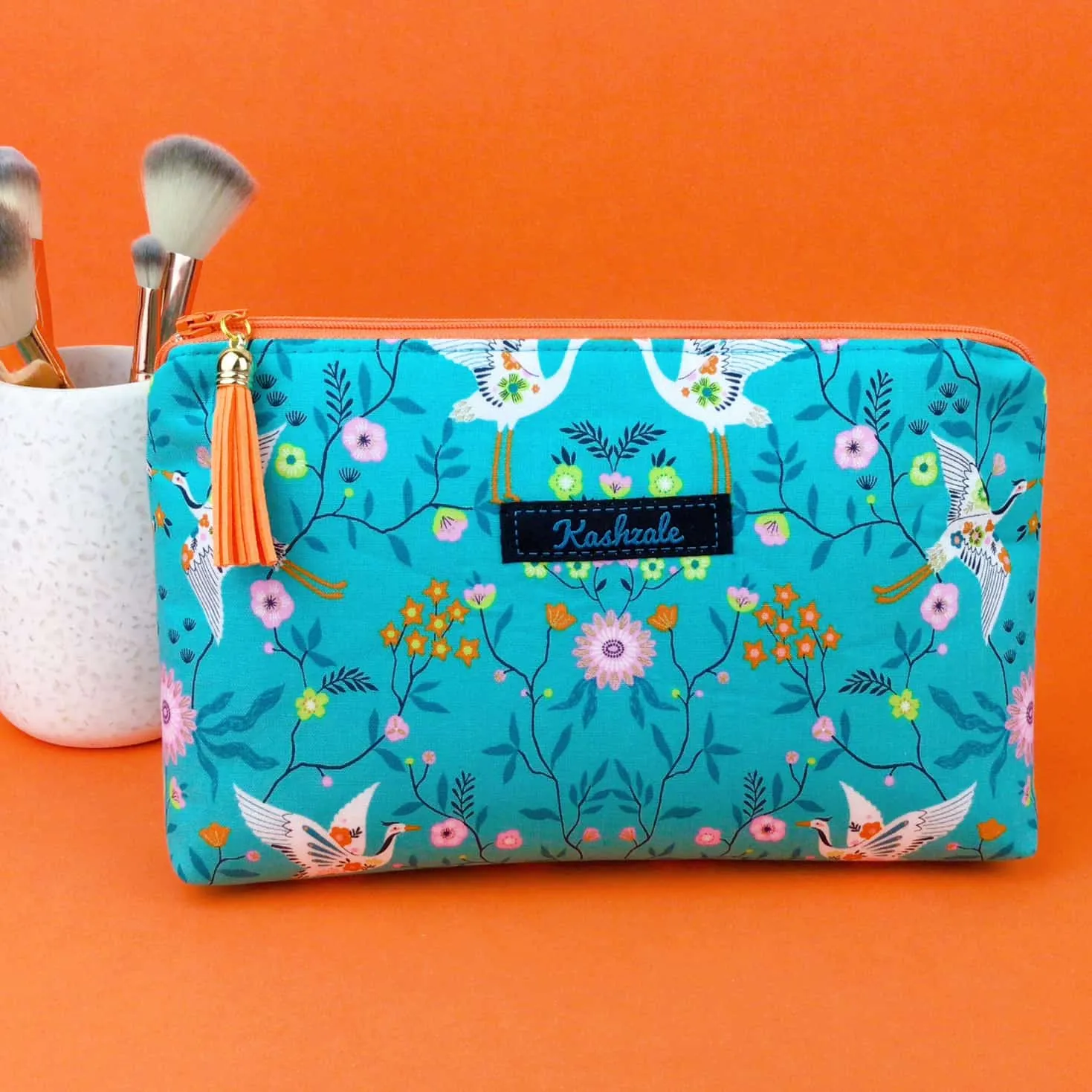 Aqua Cranes Medium Makeup Bag. Aqua Makeup Bag.