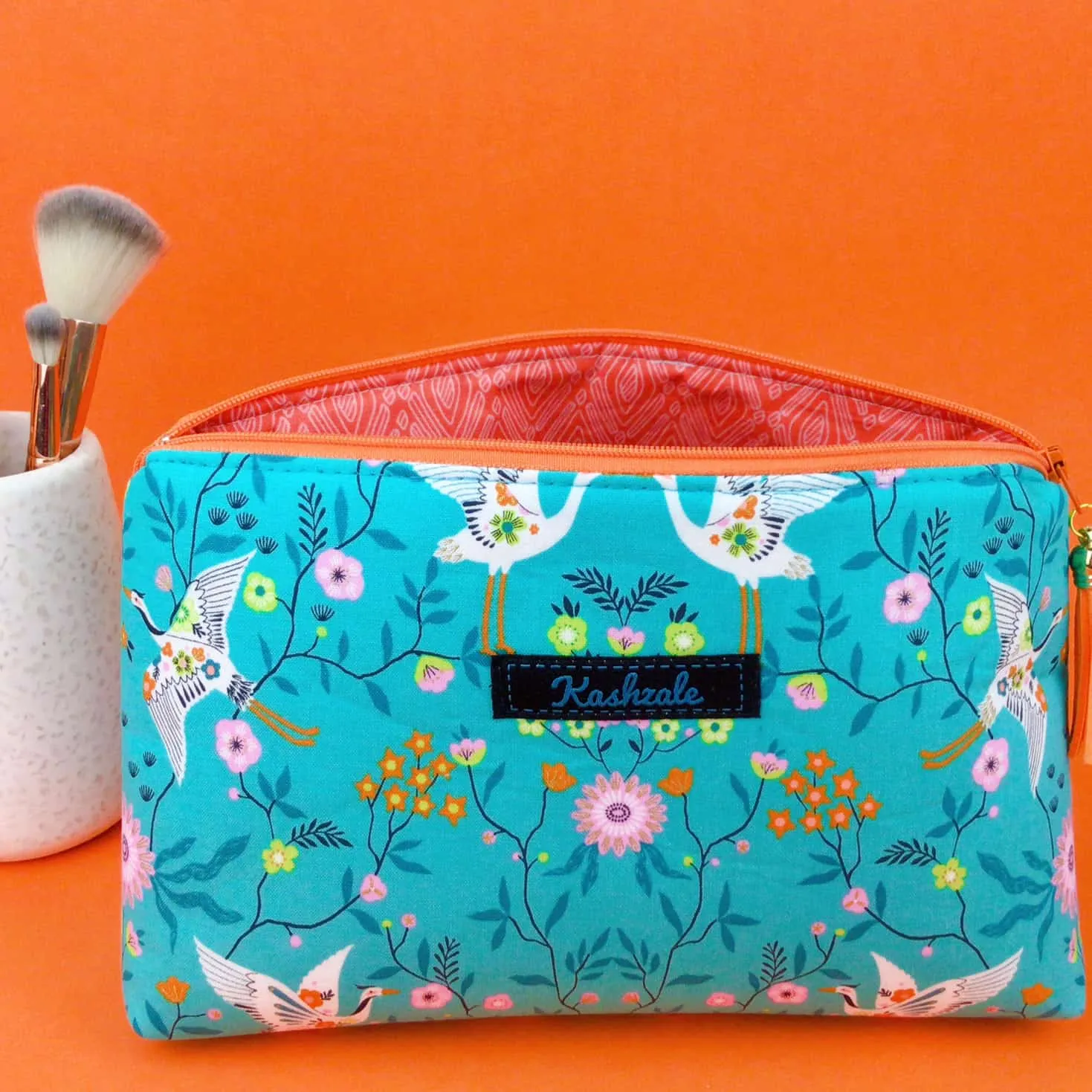 Aqua Cranes Medium Makeup Bag. Aqua Makeup Bag.