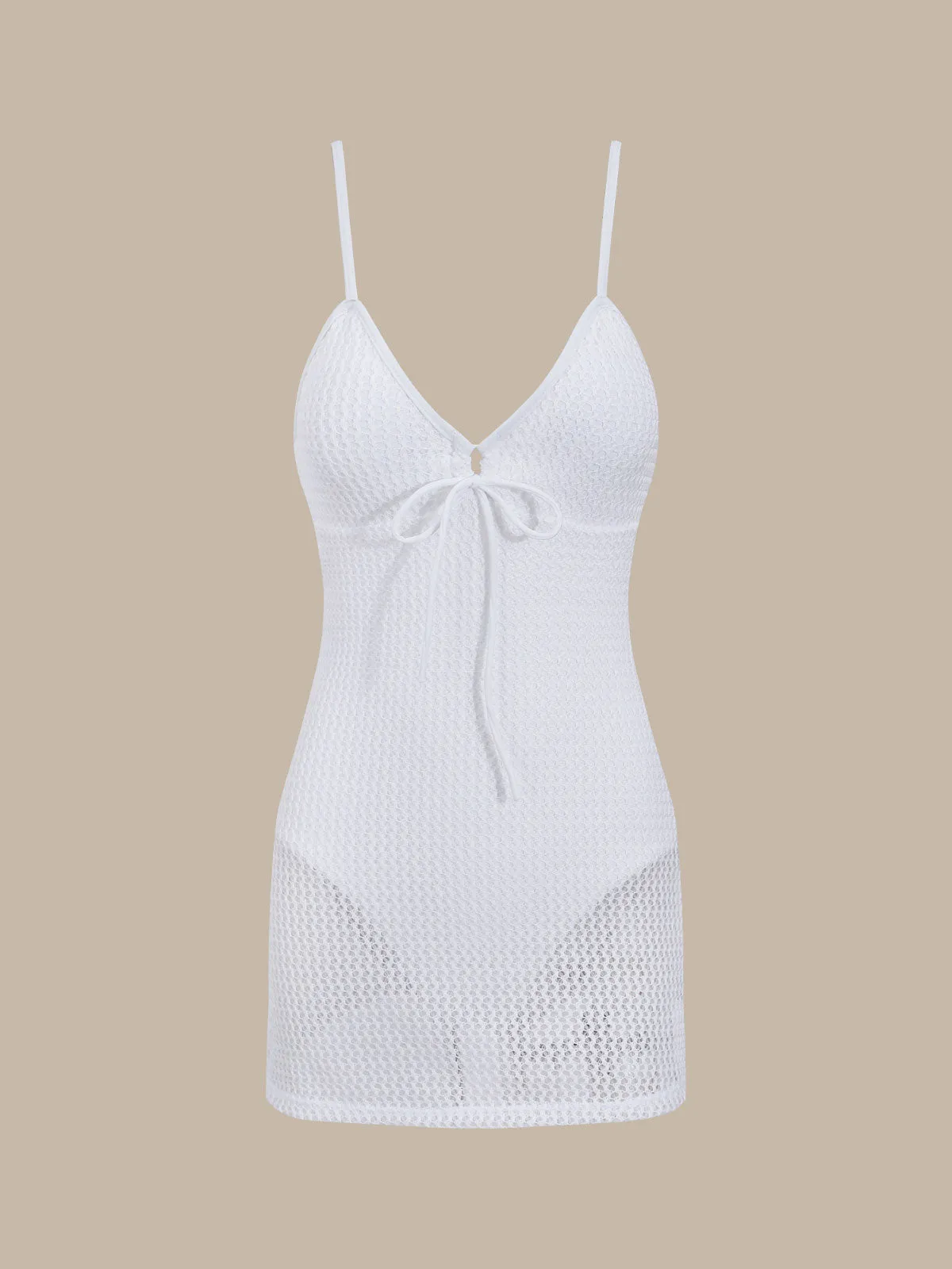 Beige V-Neck One-Piece Swimsuit