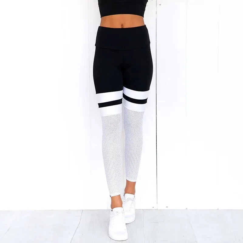 Black and White Striped Spandex Mesh Insert Leggings