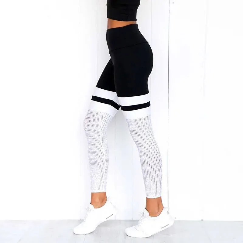 Black and White Striped Spandex Mesh Insert Leggings