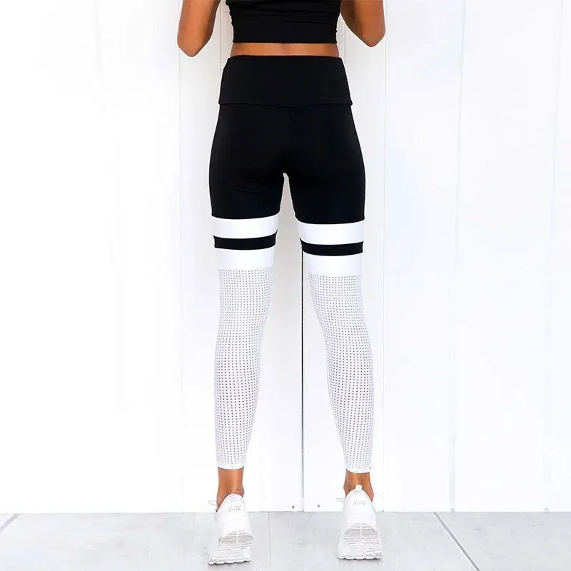 Black and White Striped Spandex Mesh Insert Leggings