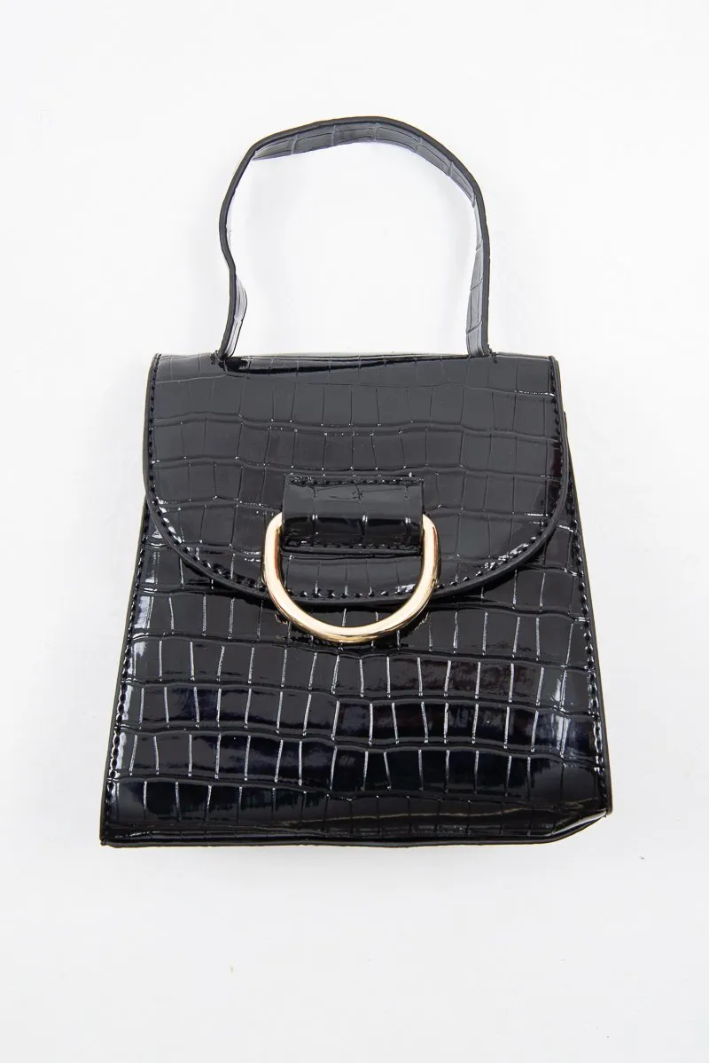 Black Patent Faux Croc Handle Detail Bag - Barbara