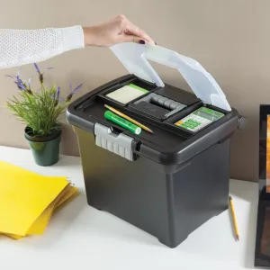 Black Portable File Box Letter Size Organizer w/ In-Lid Storage 15 x 10.88 x11.5