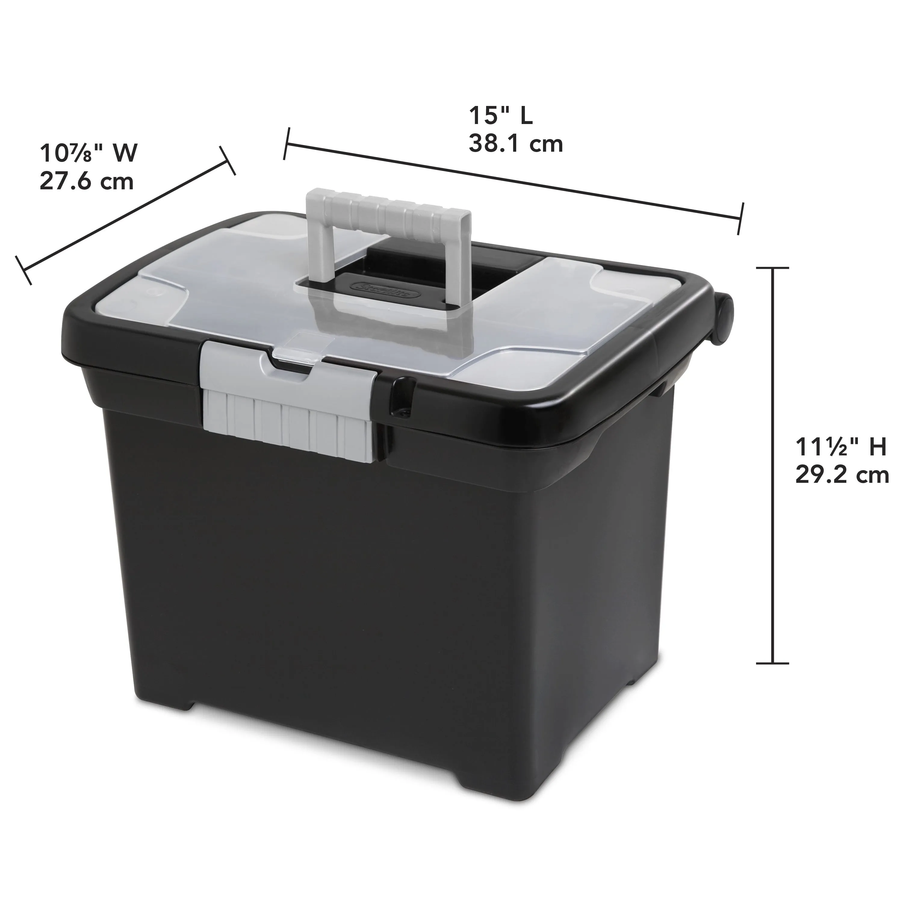 Black Portable File Box Letter Size Organizer w/ In-Lid Storage 15 x 10.88 x11.5