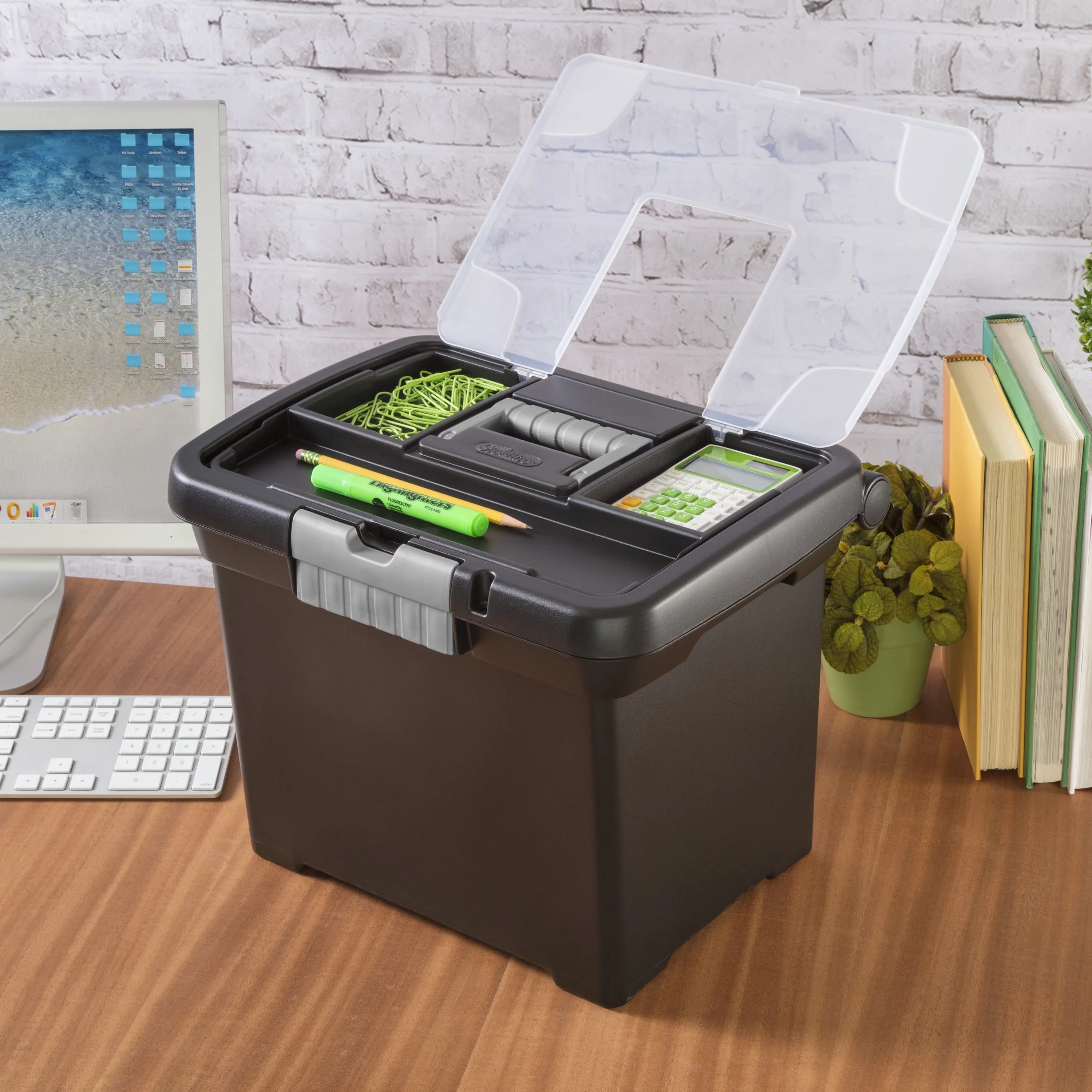 Black Portable File Box Letter Size Organizer w/ In-Lid Storage 15 x 10.88 x11.5