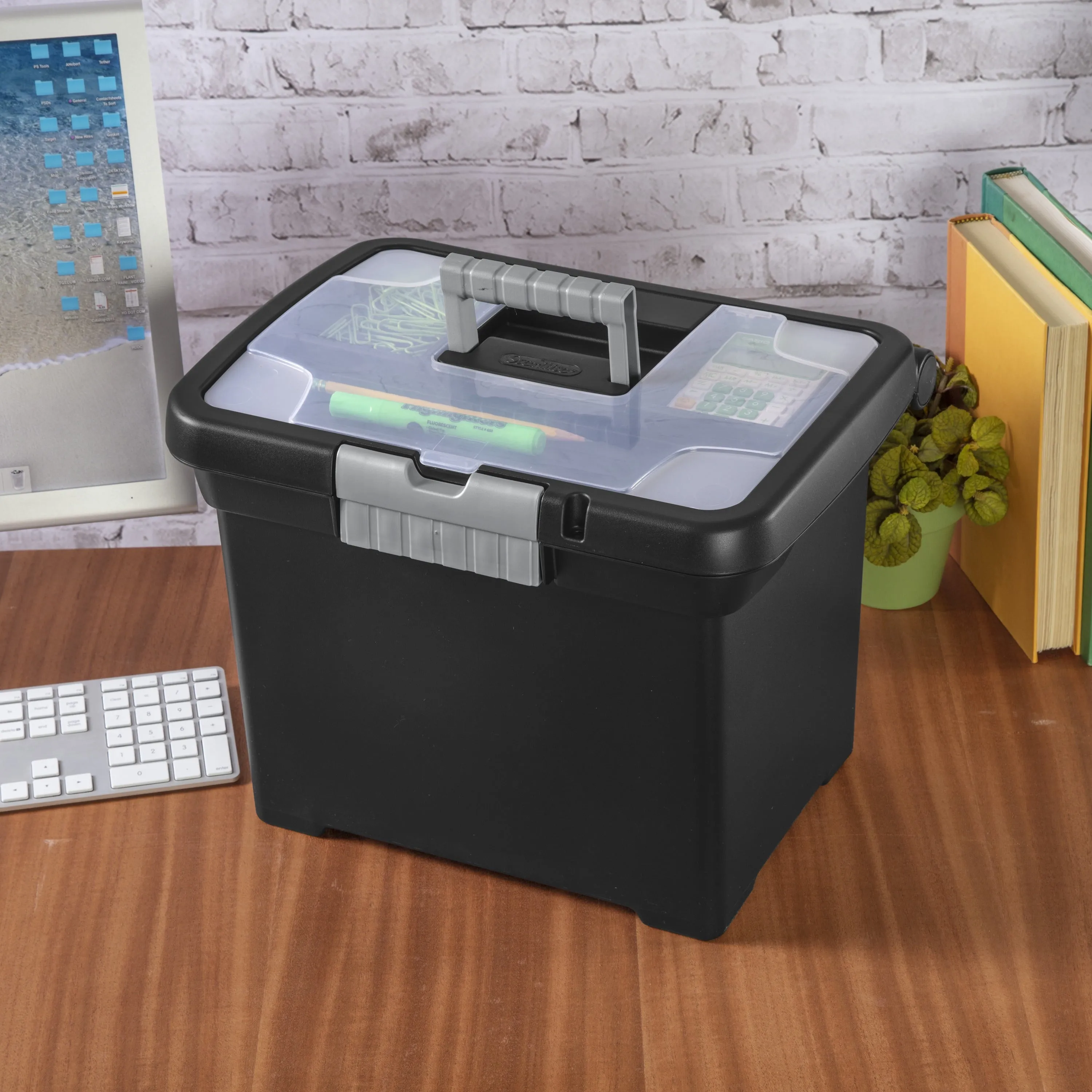Black Portable File Box Letter Size Organizer w/ In-Lid Storage 15 x 10.88 x11.5