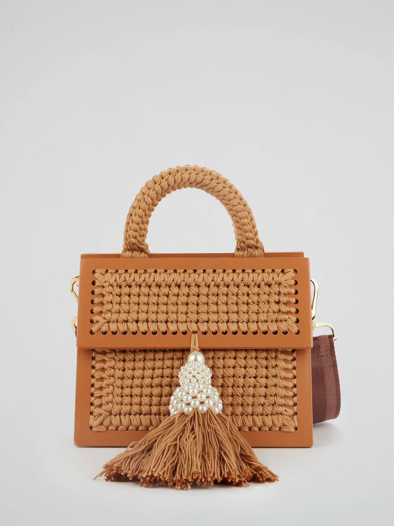 Brown Copa Pearl Embellished Tassel Purse