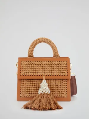Brown Copa Pearl Embellished Tassel Purse