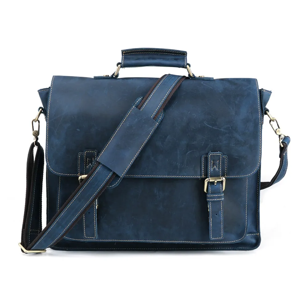 Business Briefcase, Crazy Horse Leather, Blue/Brown/Coffee, 15 inches
