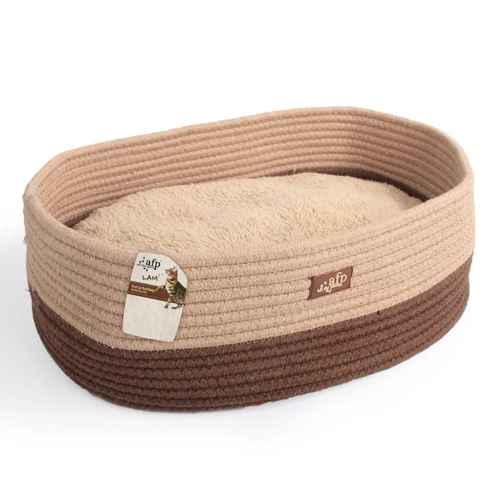 Cat Bed Oval - Brown Rope Weave   Removable Fluffy Internal Plush - All For Paws