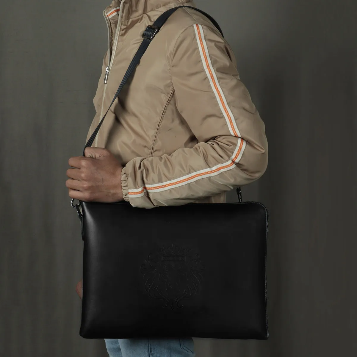 Classic Black Leather Stylish Cool laptop Sleeves/Messenger bag with Zip Compartment  By Brune & Bareskin