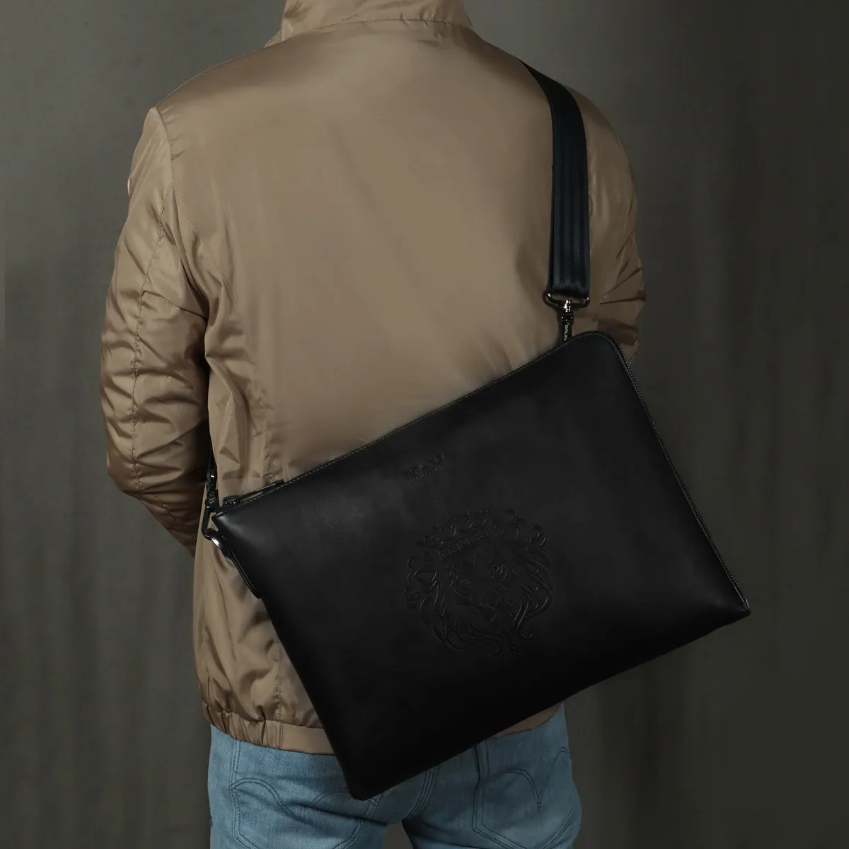 Classic Black Leather Stylish Cool laptop Sleeves/Messenger bag with Zip Compartment  By Brune & Bareskin