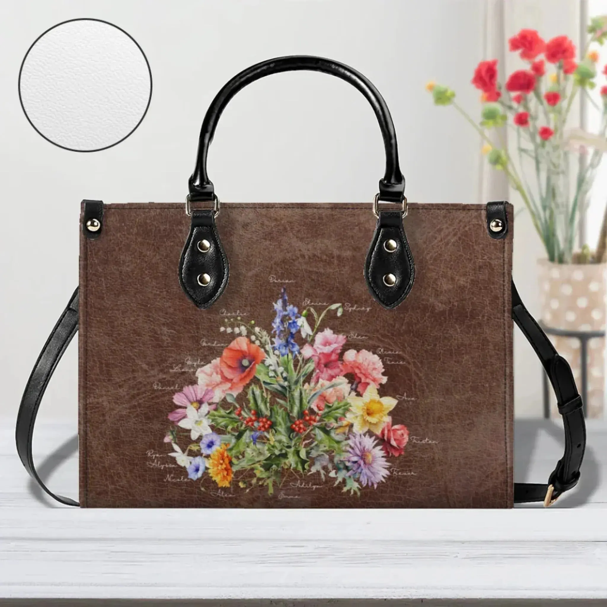 Custom Birth Month Flower Bouquet Top-Grain Leather Handbag