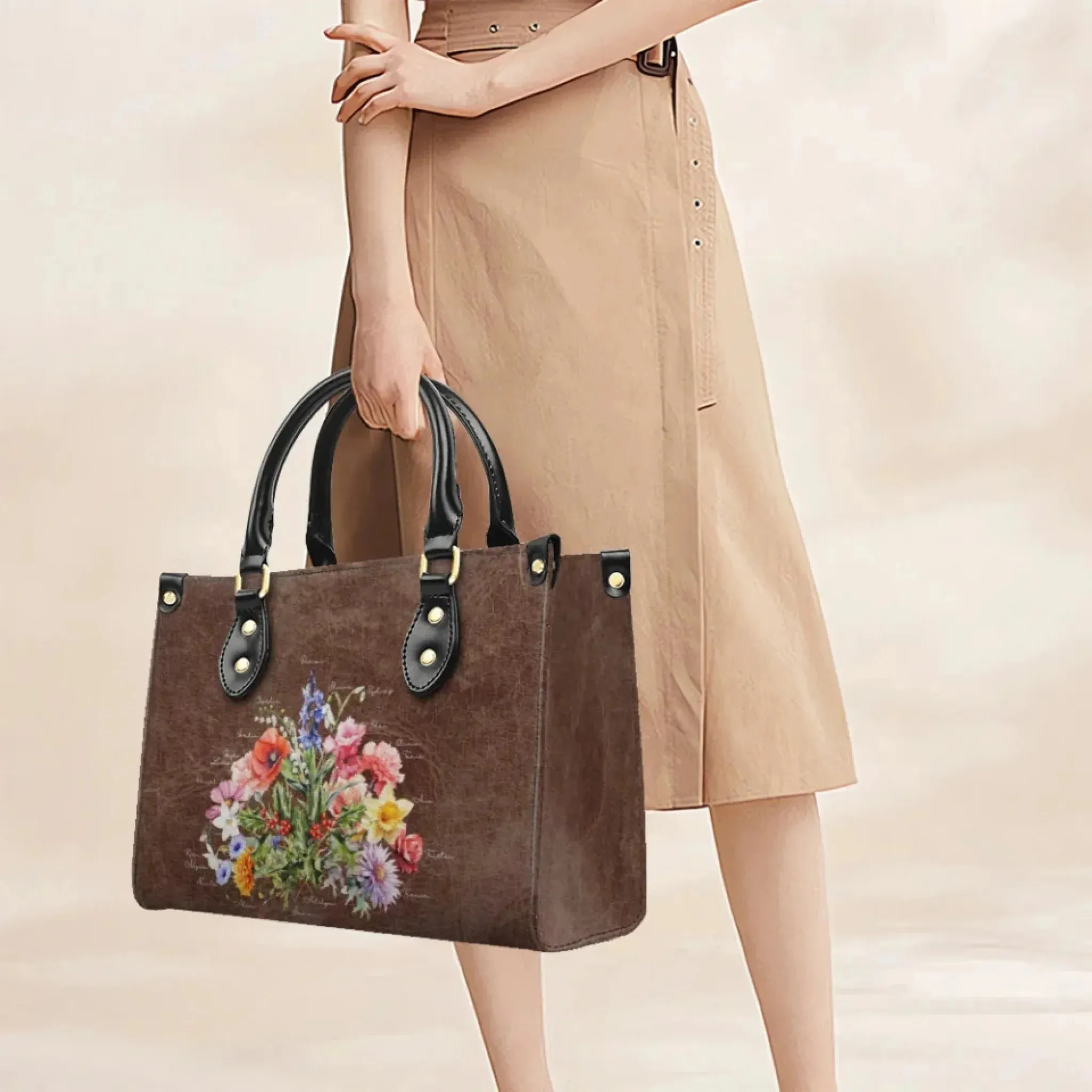 Custom Birth Month Flower Bouquet Top-Grain Leather Handbag