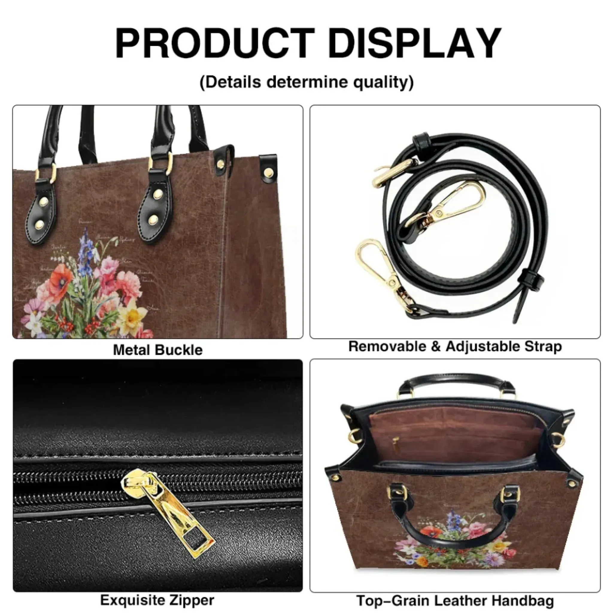 Custom Birth Month Flower Bouquet Top-Grain Leather Handbag