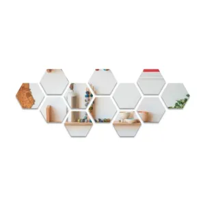DecorWear 12 Hexagon Mirror Silver Plastic Wall Stickers for Wall Size (10.5x12.1) Cm Acrylic Mirror Wall Decor Sticker, Wall Mirror Stickers, 3D Hexagonal Mirror Wall Sticker (K-12HexaSilver)