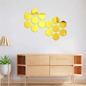 DecorWear 14 Hexagon Mirror Gold Plastic Wall Stickers for Wall Size (10.5x12.1) Cm Acrylic Mirror Wall Decor Sticker, Wall Mirror Stickers, Unframed Hexagonal Mirror Wall Sticker (K-14HexaGold)