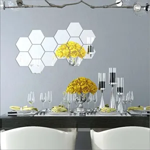 DecorWear 14 Hexagon Mirror Silver Plastic Wall Stickers for Wall Size (10.5x12.1) Cm Acrylic Mirror Wall Decor Sticker, Wall Mirror Stickers, 3D Hexagonal Mirror Wall Sticker (B-14HexaSilver)