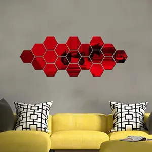 DecorWear 19 Hexagon Mirror Red Plastic Wall Stickers for Wall Size (10.5x12.1) Cm Acrylic Mirror Wall Decor Sticker, Wall Mirror Stickers, Unframed Hexagonal Mirror Wall Sticker (C-19HexaRed)