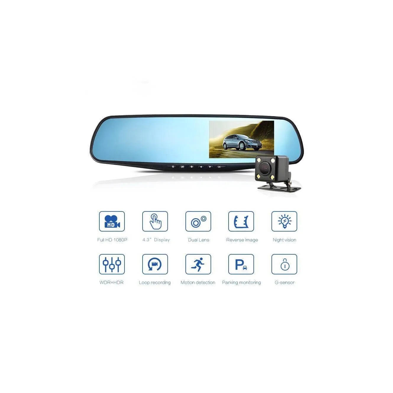 Dual Lens Car Mirror Dash Cam Recorder Rear View Camera (Full set)