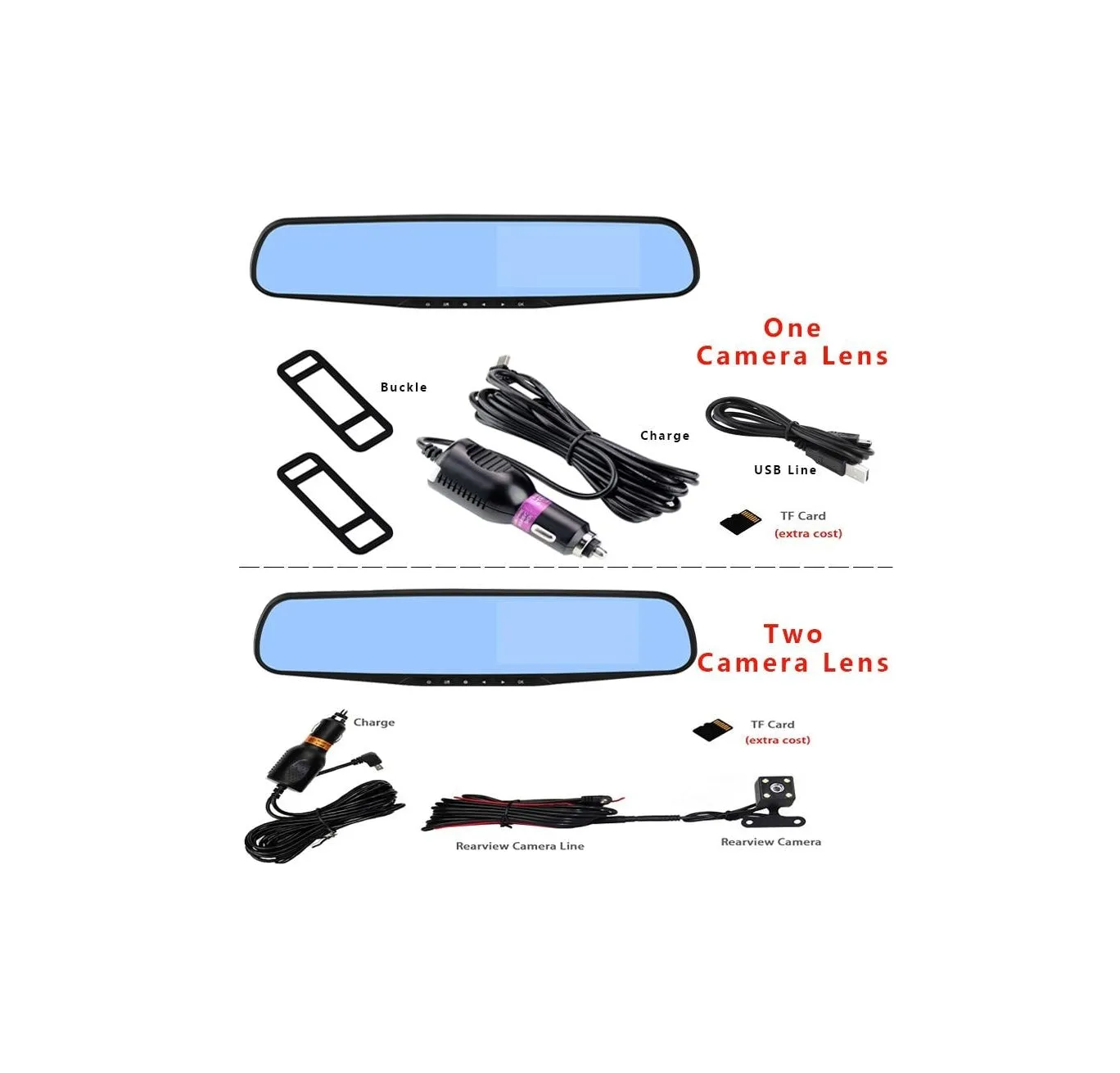 Dual Lens Car Mirror Dash Cam Recorder Rear View Camera (Full set)