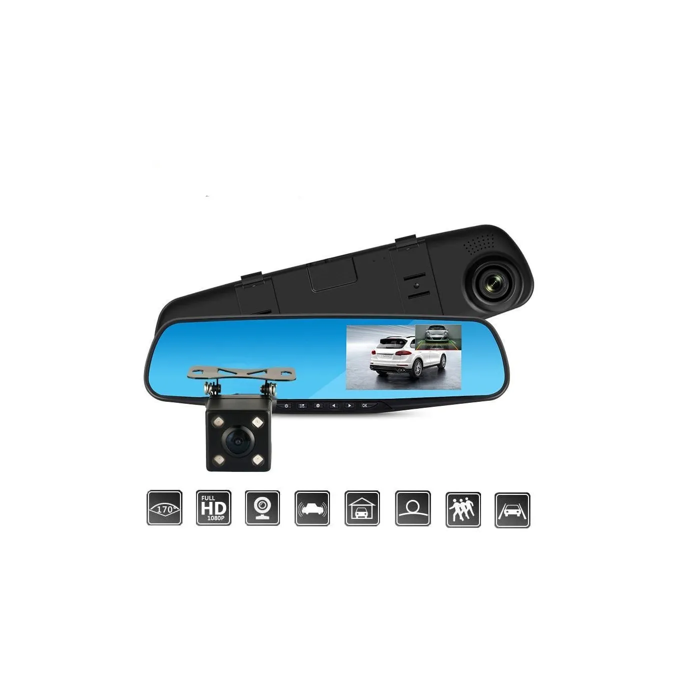 Dual Lens Car Mirror Dash Cam Recorder Rear View Camera (Full set)