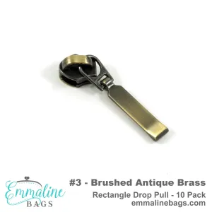 Emmaline Zipper Sliders with Pulls  *SIZE#3* (10 PACK) - Rectangle Drop Pull in Brushed Antique Brass