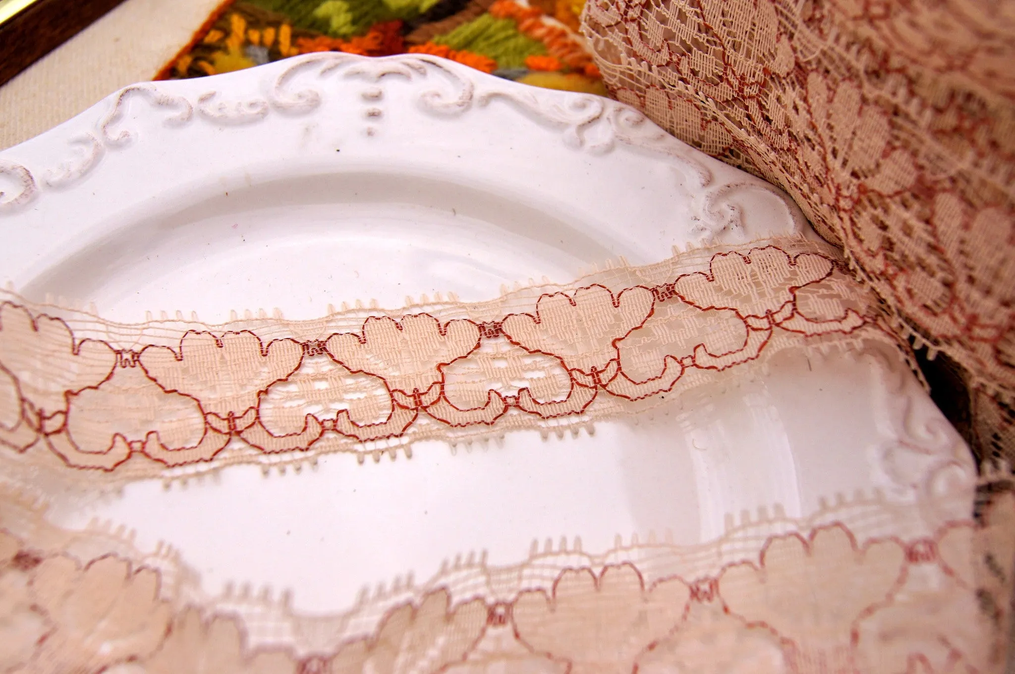 Fancy Floral Peach Burgundy Embroidery Lace Trim 1⅜" wide