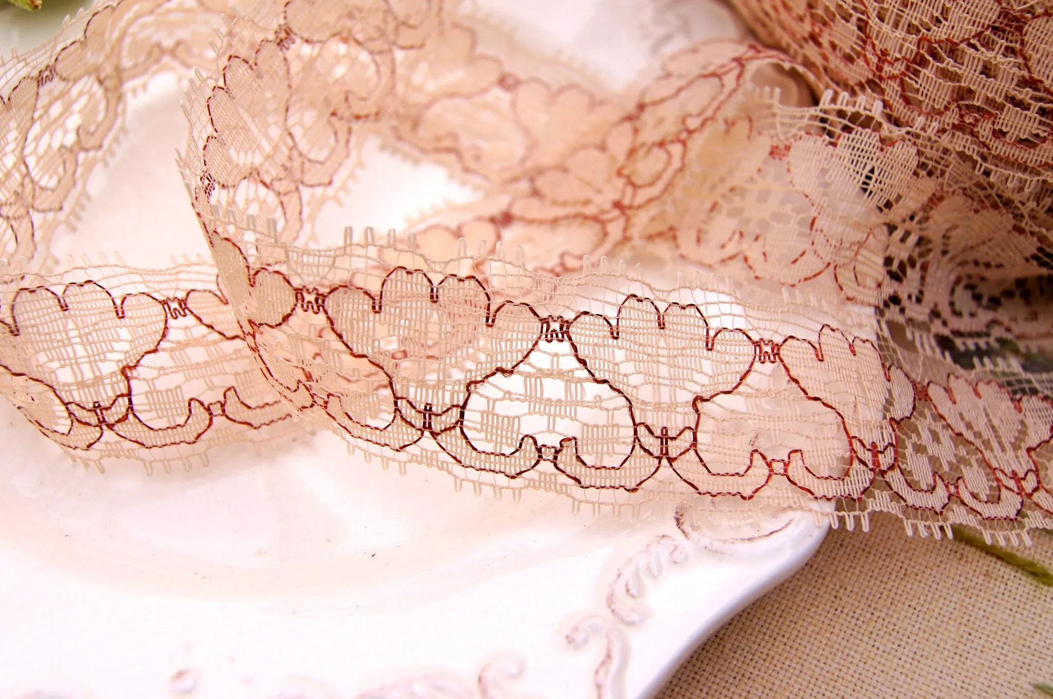 Fancy Floral Peach Burgundy Embroidery Lace Trim 1⅜" wide