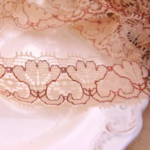 Fancy Floral Peach Burgundy Embroidery Lace Trim 1⅜" wide