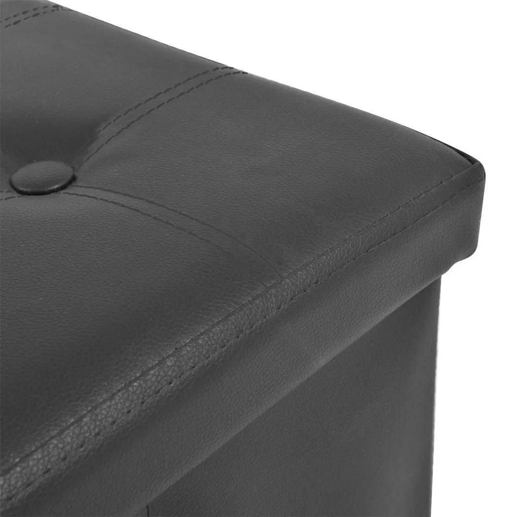 Folding Ottoman Storage Blanket Box Footstool Stool Cube Pouf Faux Black Leather
