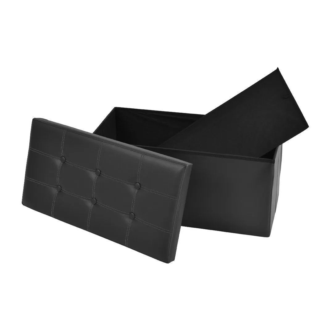 Folding Ottoman Storage Blanket Box Footstool Stool Cube Pouf Faux Black Leather