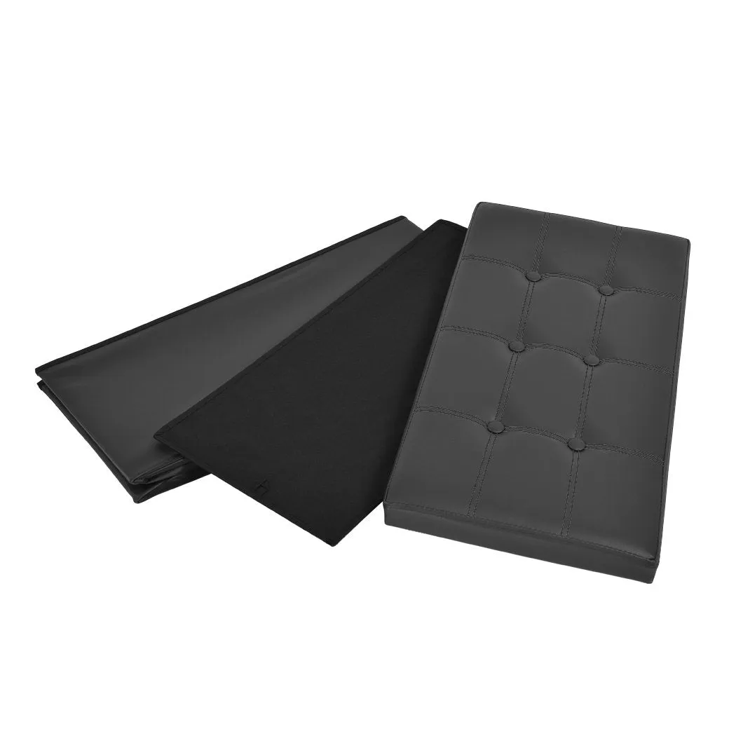 Folding Ottoman Storage Blanket Box Footstool Stool Cube Pouf Faux Black Leather