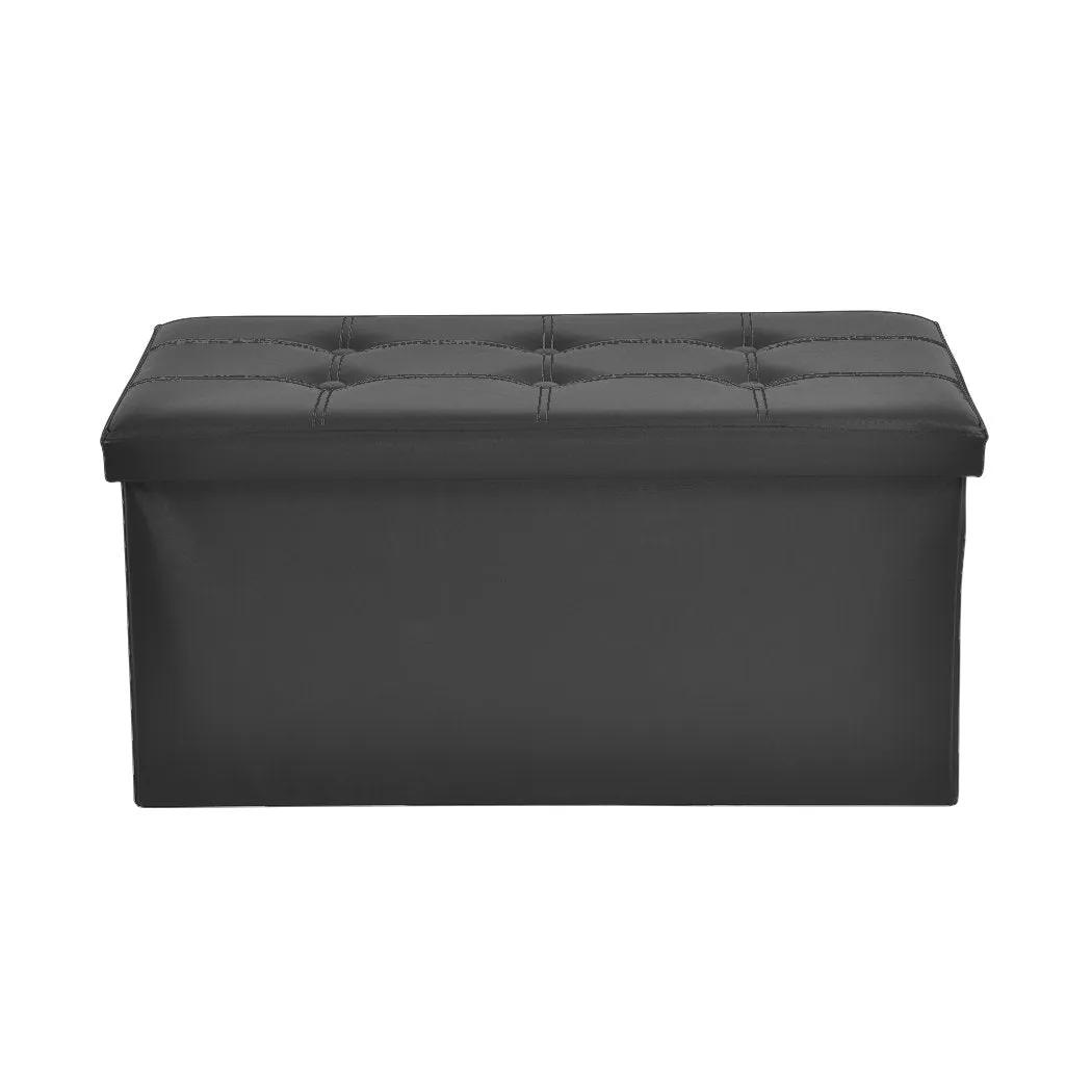 Folding Ottoman Storage Blanket Box Footstool Stool Cube Pouf Faux Black Leather