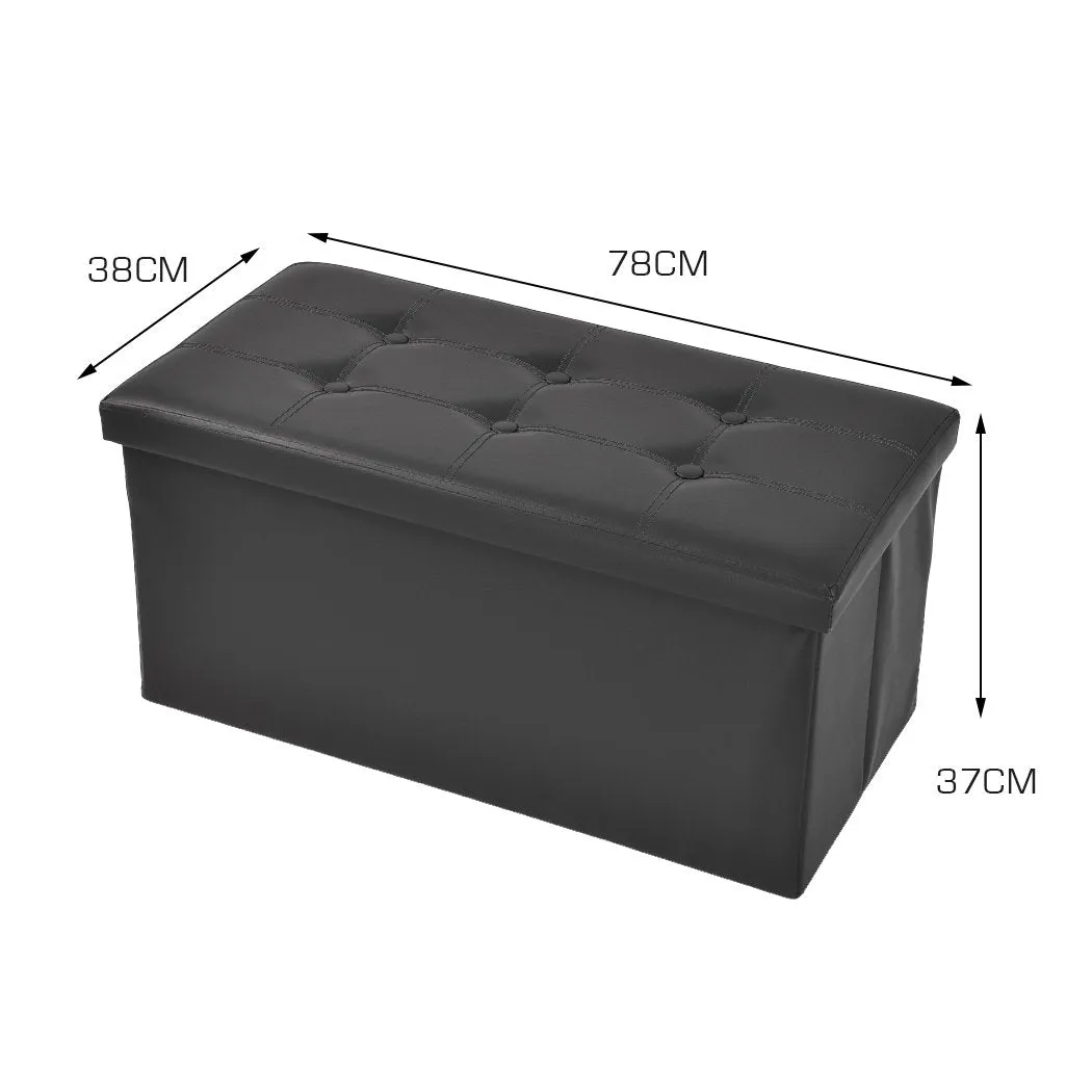 Folding Ottoman Storage Blanket Box Footstool Stool Cube Pouf Faux Black Leather