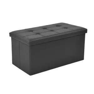 Folding Ottoman Storage Blanket Box Footstool Stool Cube Pouf Faux Black Leather