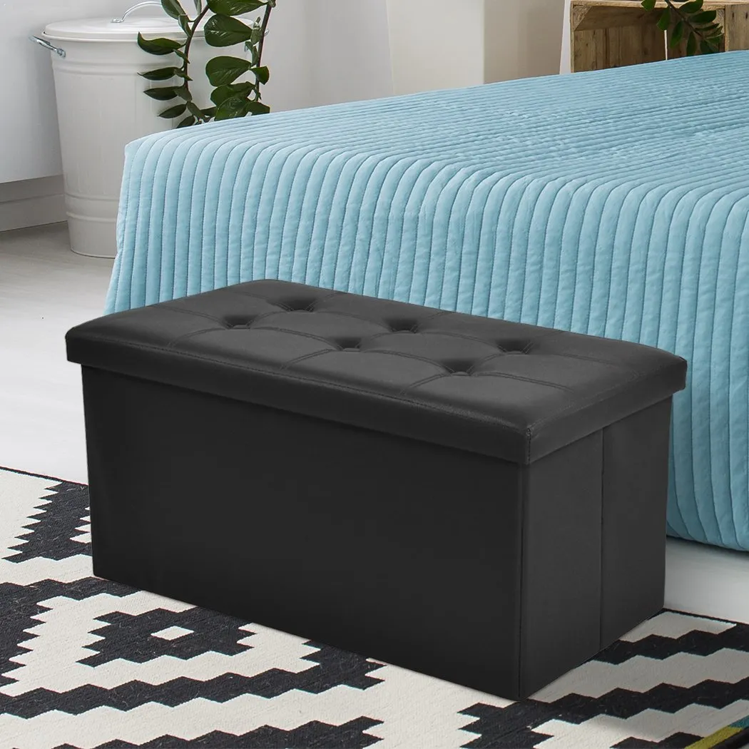 Folding Ottoman Storage Blanket Box Footstool Stool Cube Pouf Faux Black Leather
