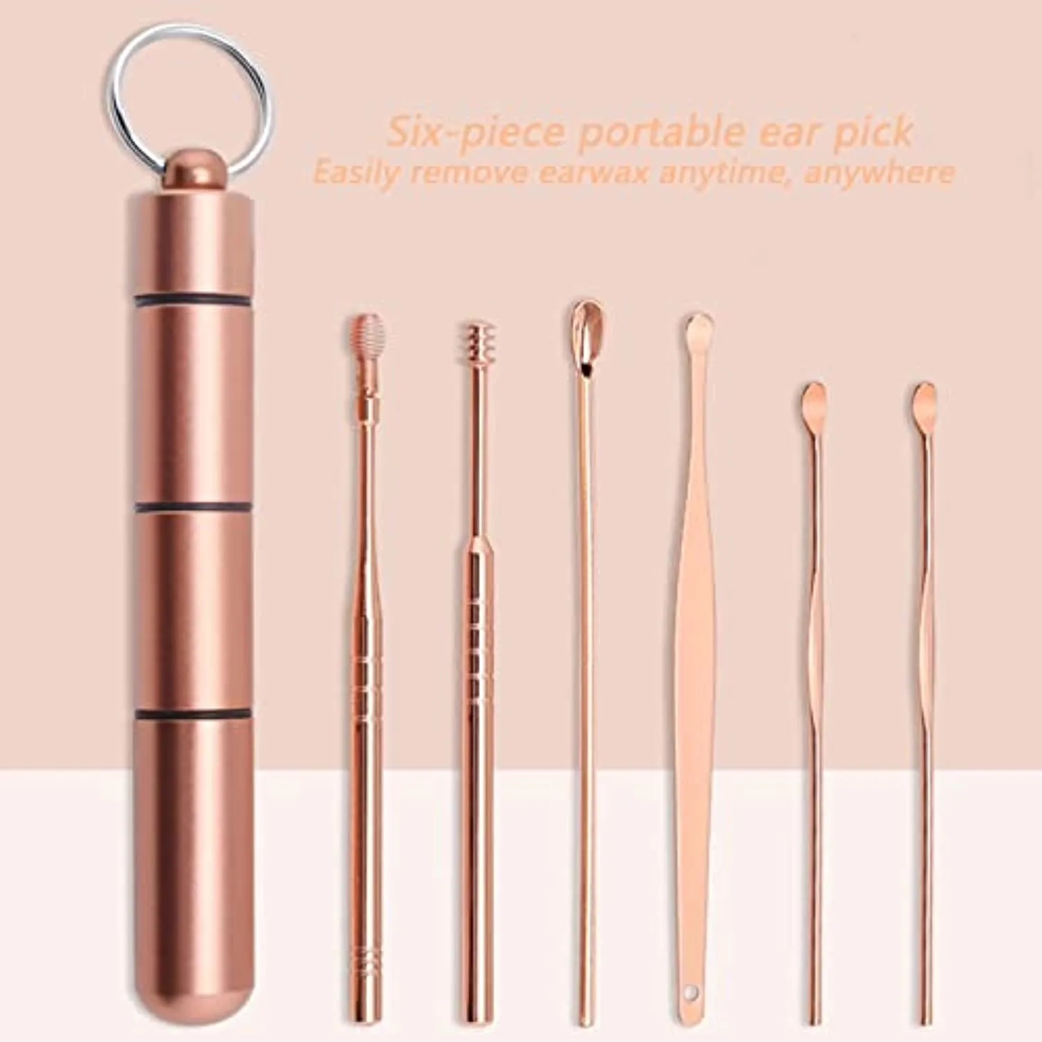 GRANG Ear Pick Earwax Removal Kit, Ear Cleansing Tool Set, Stainless Steel Ear Pick Tools Reusable Ear Cleaner, Ear Pick Set with Keychain Box Utility to 6 Pcs Rose Gold