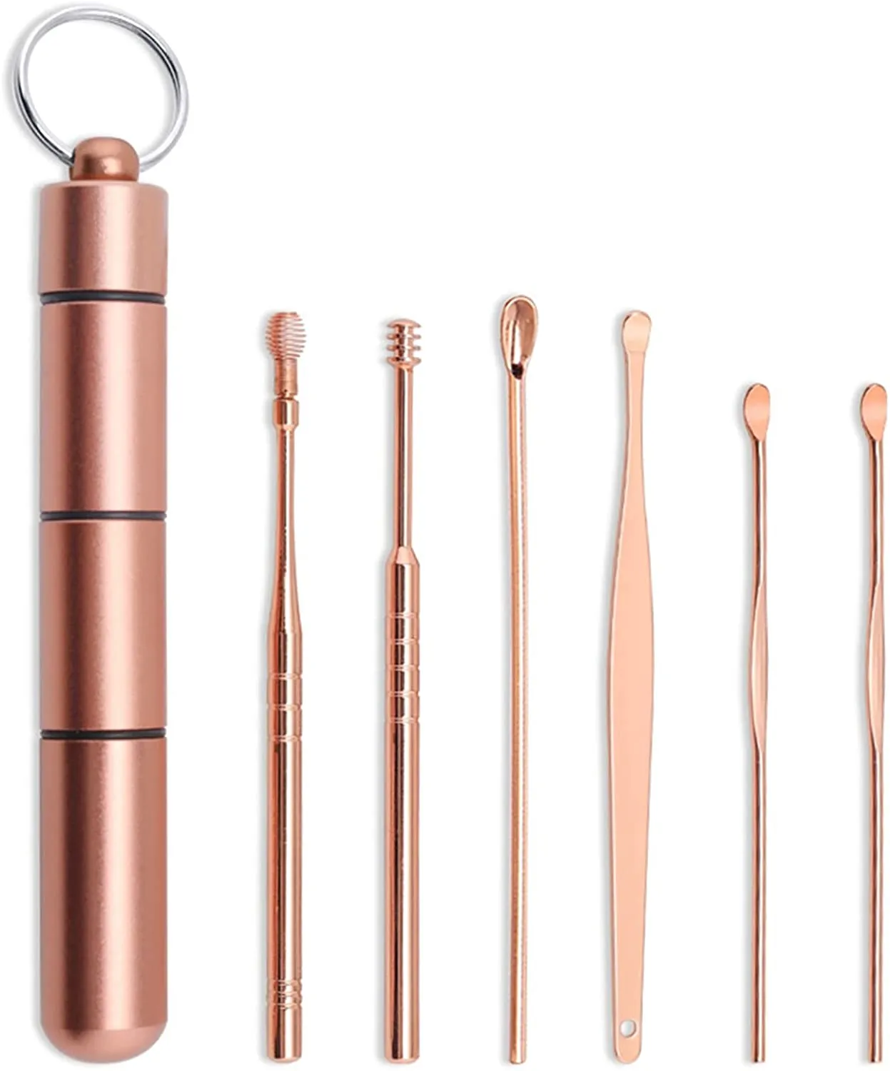 GRANG Ear Pick Earwax Removal Kit, Ear Cleansing Tool Set, Stainless Steel Ear Pick Tools Reusable Ear Cleaner, Ear Pick Set with Keychain Box Utility to 6 Pcs Rose Gold