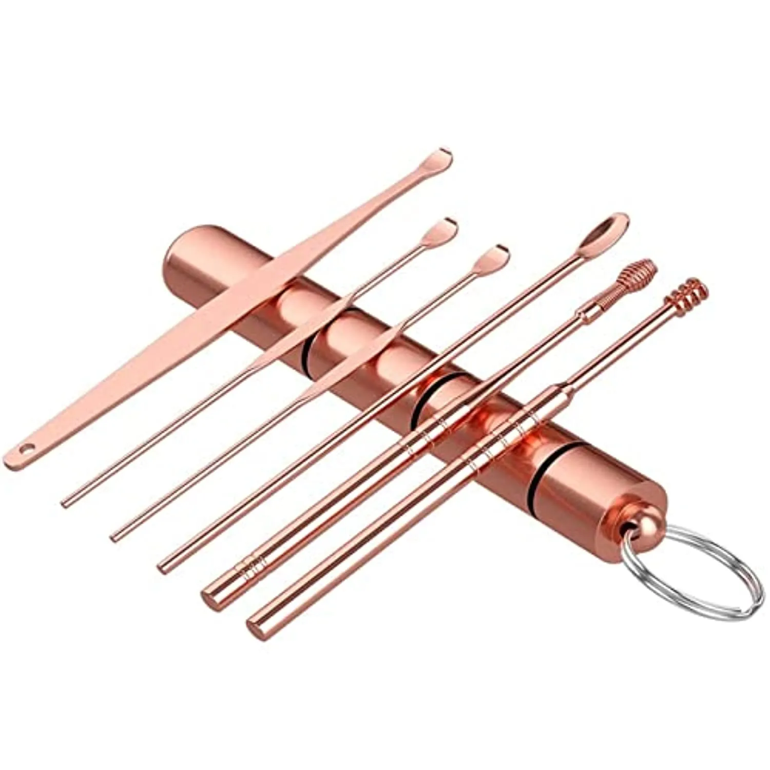 GRANG Ear Pick Earwax Removal Kit, Ear Cleansing Tool Set, Stainless Steel Ear Pick Tools Reusable Ear Cleaner, Ear Pick Set with Keychain Box Utility to 6 Pcs Rose Gold