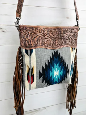 Grey & Blue Diamond Wool Leather Tooled Fringe Handbag