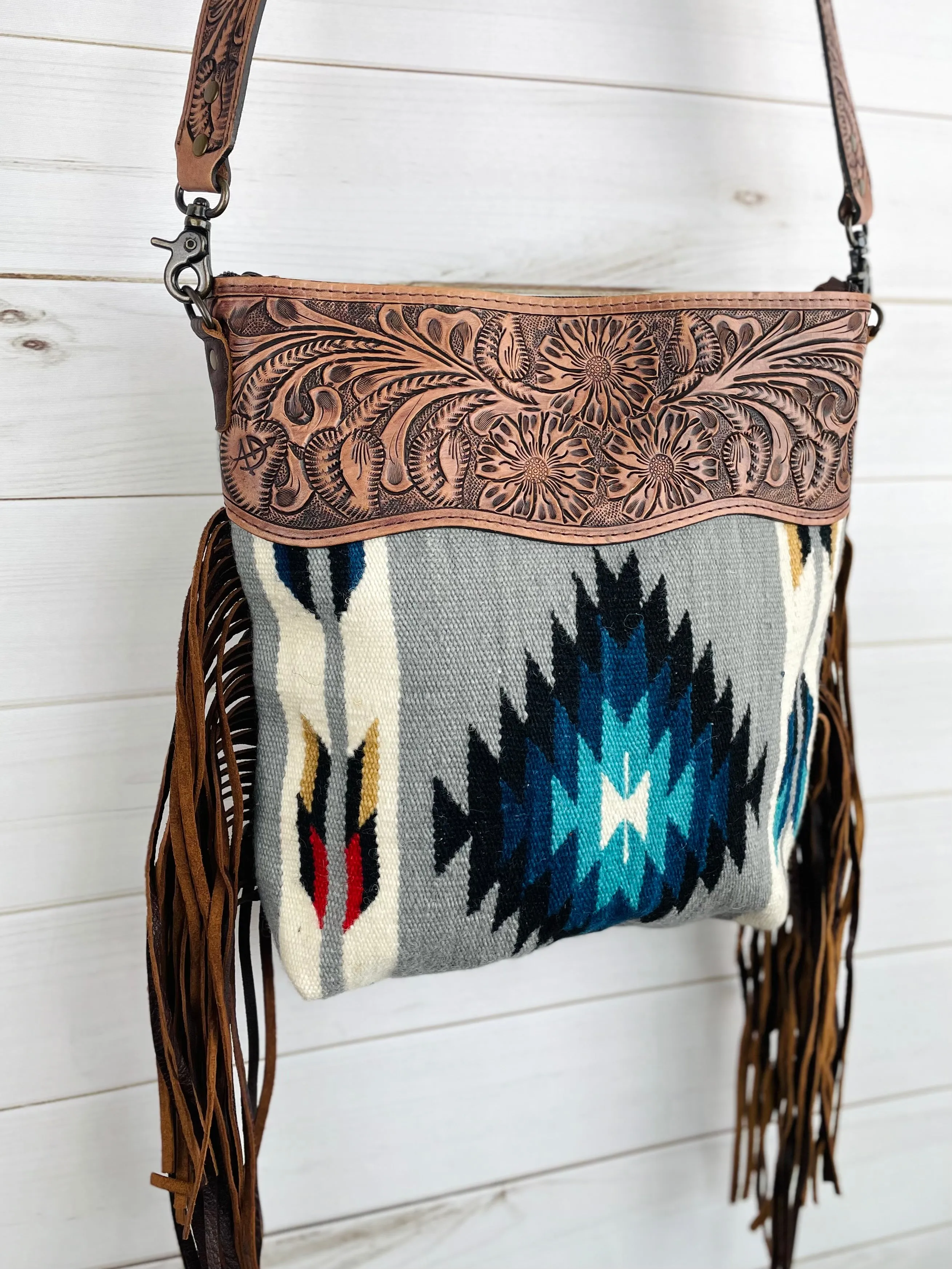 Grey & Blue Diamond Wool Leather Tooled Fringe Handbag