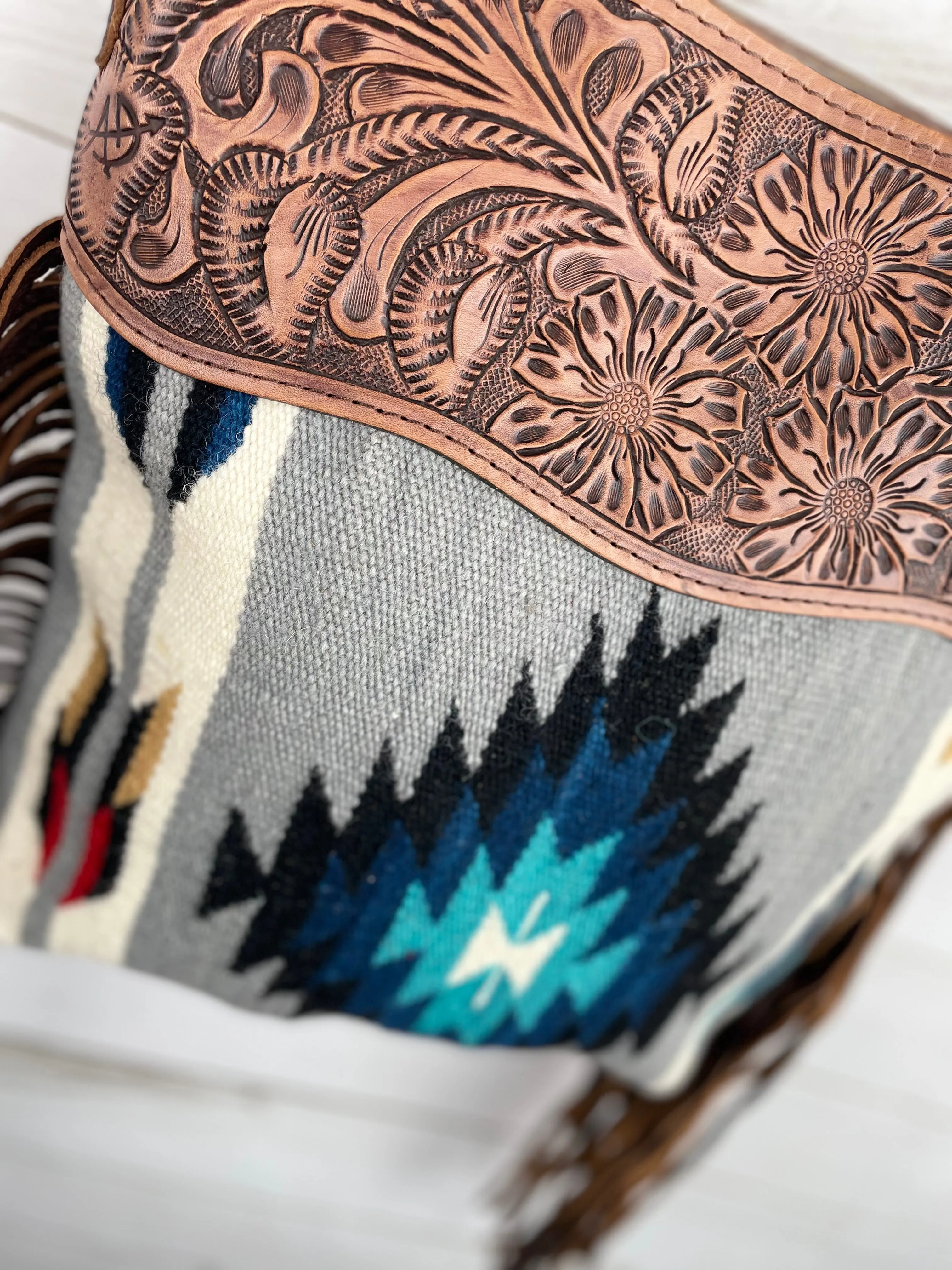 Grey & Blue Diamond Wool Leather Tooled Fringe Handbag